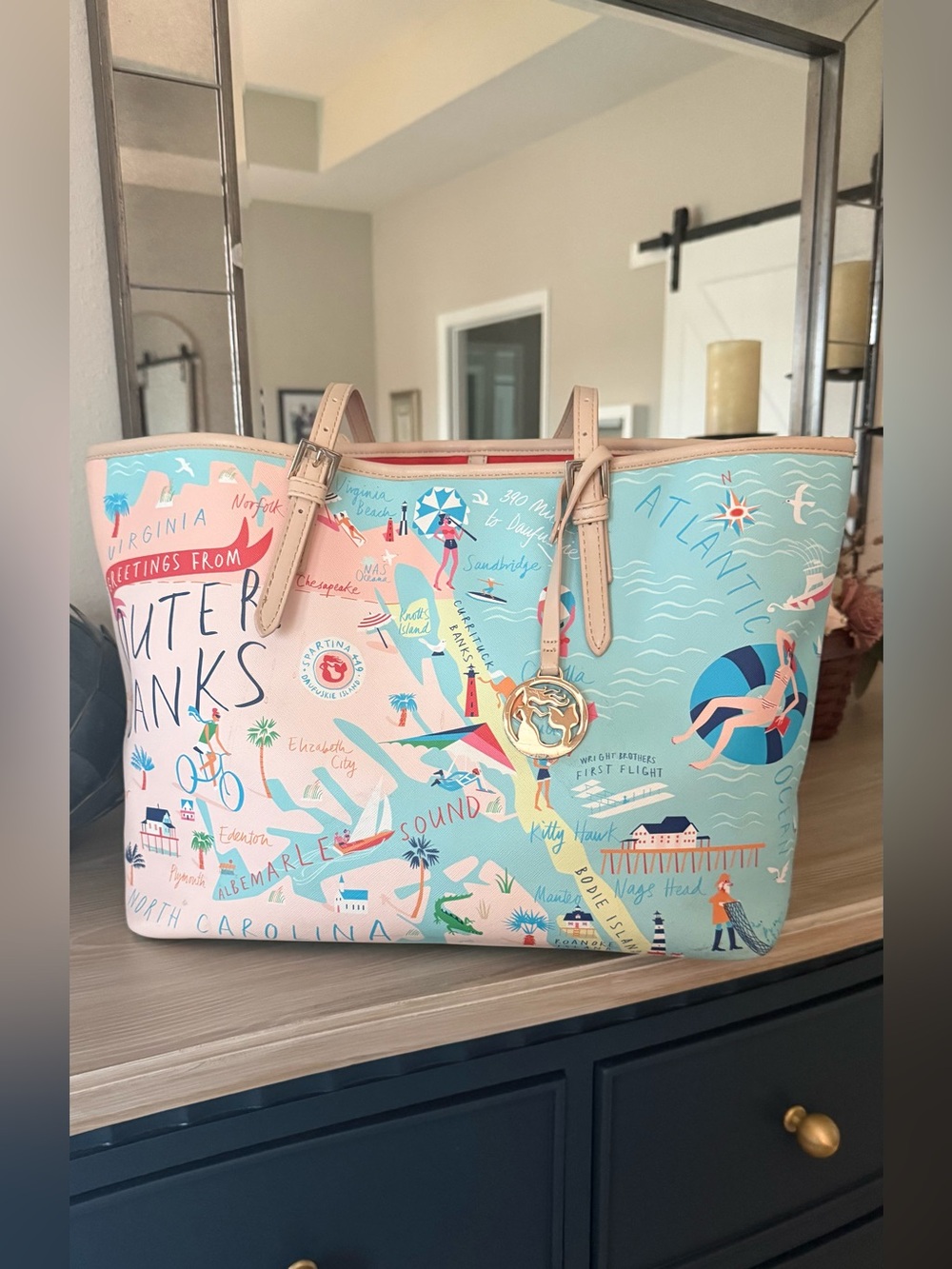 Spartina North Carolina Colorful Coastal Print Tote Bag with Beige Trim
